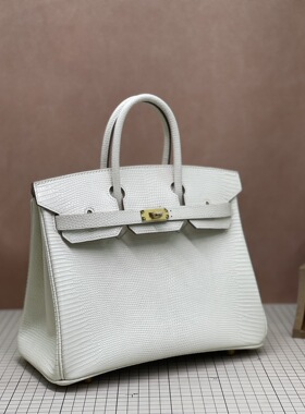 进口蜥蜴皮bk铂金包25女士手提包高档女包带锁皮包欧美时尚奶昔白