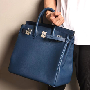 铂金包真皮男包手工缝制togo牛皮手提包斜挎大容量蓝 Hca40加高版