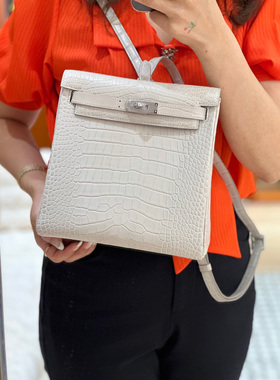 冰川白雾面美洲鳄鱼皮凯莉ado双肩背包手工缝制银扣时尚女包旅行