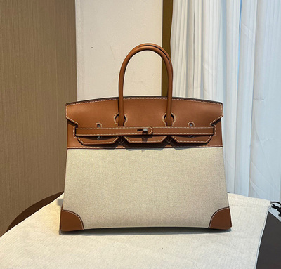 swift皮拼帆布金棕色女士手提包BK铂金包30CM银扣全手工缝包时尚