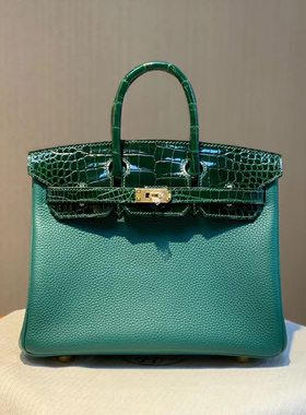 全手工包祖母绿色togo皮配鳄鱼皮touch铂金包金扣25CM女包H家