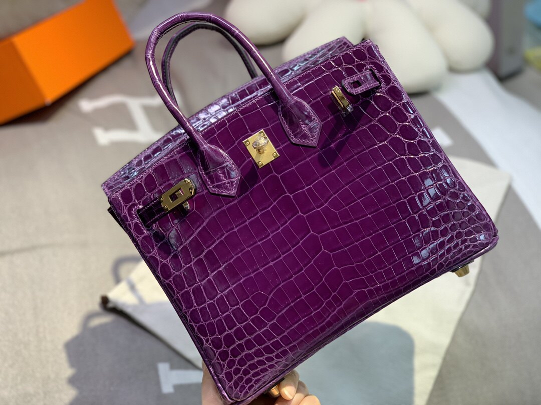 奢侈进口尼罗兴隆鳄鱼皮BK铂金包25CM葡萄紫色女士气质品牌女包