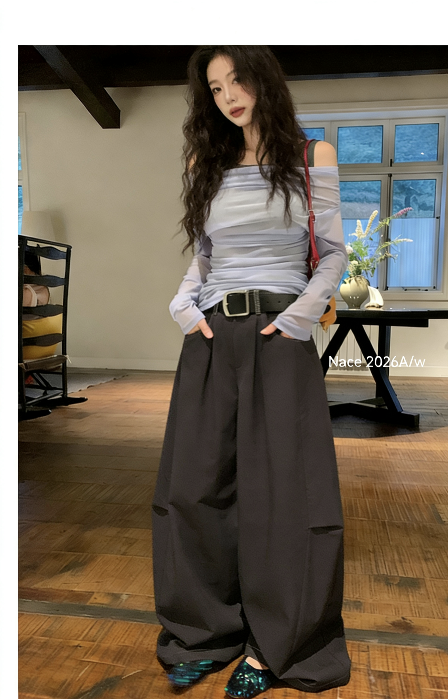 小个子一字肩假两件网纱上衣女 2026新款修身显瘦纯欲辣妹打底衫