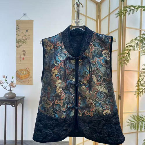 高档气质复古时尚盘扣马甲洋气宽松显瘦提花刺绣马夹坎肩短袖上衣