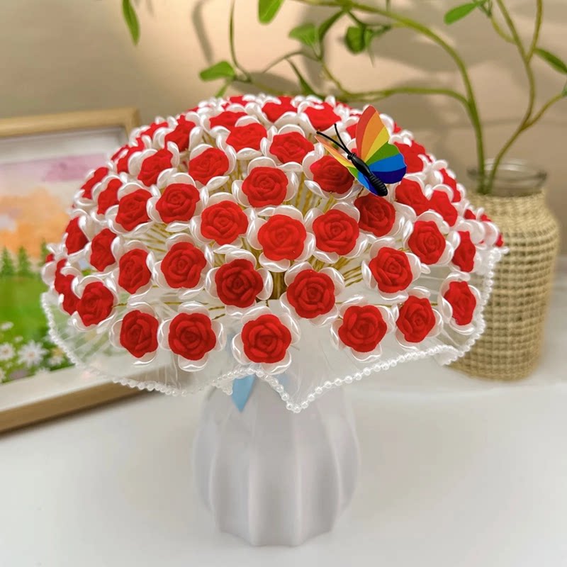 手工diy浪漫植绒玫瑰花材料包串珠荷叶瓶抖音装饰花束摆件教师节