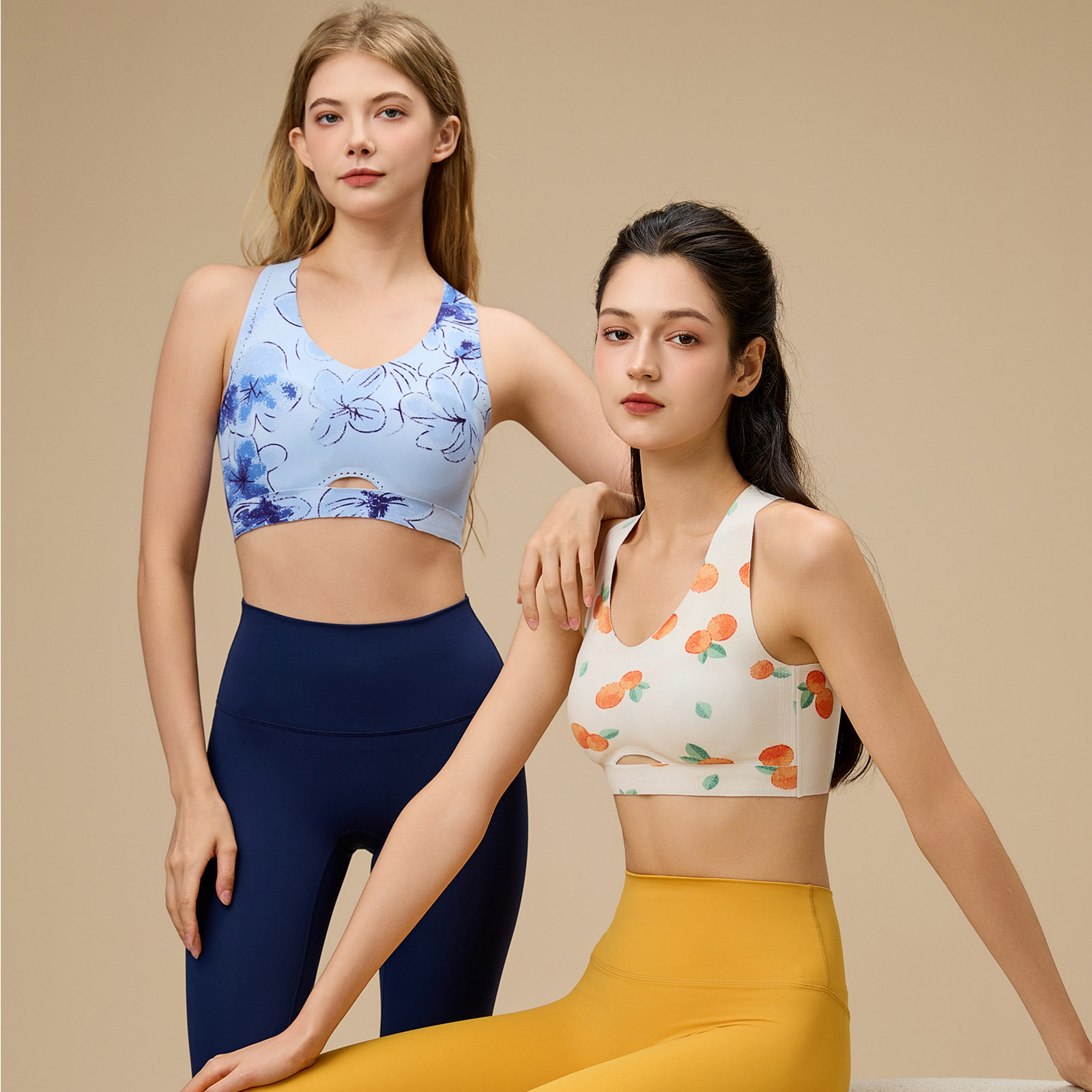 2025无痕印花磨毛瑜伽文胸内衣高弹美背紧身长裤背心运动背心固定