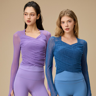 女 运动罩衫 性感高级假两件瑜伽新品 裸感吊带瑜伽背心透气网纱长袖