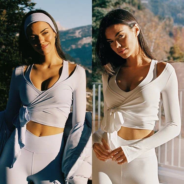 2025外贸新款瑜伽服女亲肤修身 长袖v领绑带休闲健身运动性感套装