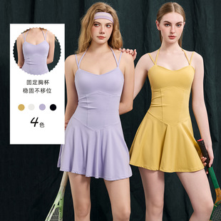 小V领高尔夫服夏季 网球裙连衣裙带胸垫防走光瑜伽服运动套装 美式