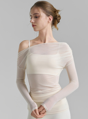 斜肩网纱瑜伽服2025春夏新品纯欲风高级感瑜伽上衣褶皱运动罩衫女