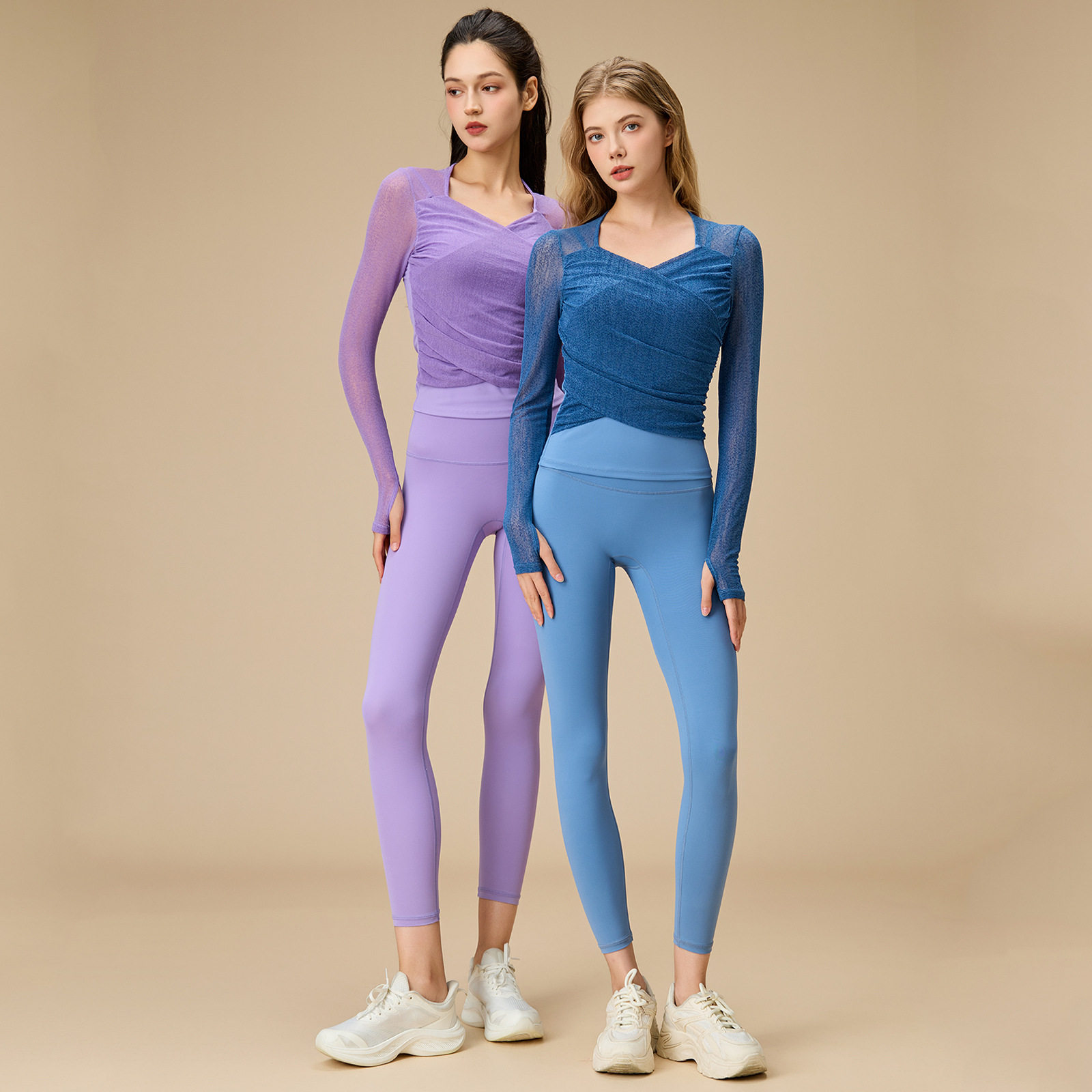 秋冬新款瑜伽服女网纱长袖性感运