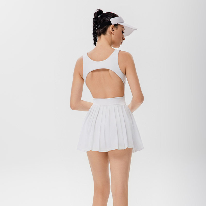 跨境白色露背百褶网球裙女户外运动防走光短裙速干透气健身服