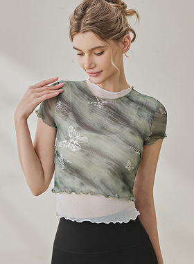 2025LULUXAIME瑜伽服女新款扎染V领短袖网纱T恤运动户外健身服上