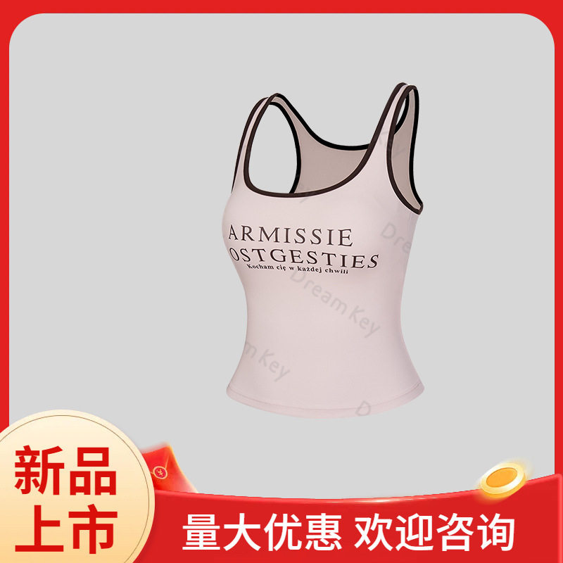 新款带胸垫美式复古圆领印花辣妹外穿内搭修身显瘦休闲背心上衣