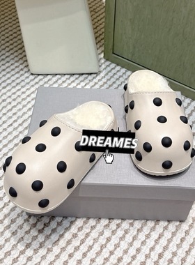 2025新款牛皮圆头平底包头拖鞋女鞋走秀款厚底波点休闲拖鞋包邮女
