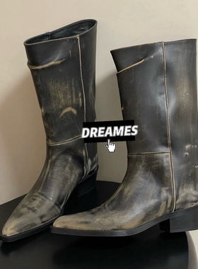 2025新款牛皮圆头平底短靴女皮尖头擦色高筒靴走秀新款机车靴包邮