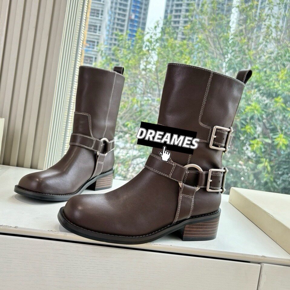2025新款牛皮圆头粗跟短靴女靴时装靴走秀款女鞋皮带扣机车靴包邮