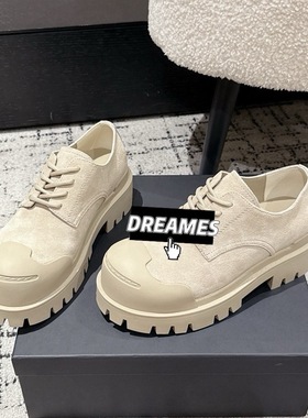 2025新款牛皮圆头厚底松糕底细带厚底鞋增高休闲鞋商务皮鞋女包邮