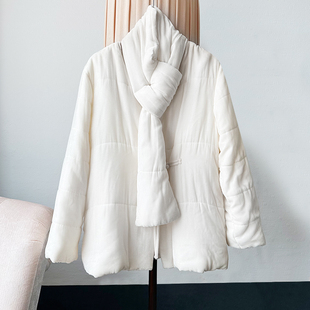 送真丝围脖 100桑蚕丝丝绒棉服女宽松休闲百搭真丝绒棉袄长袖