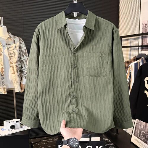翻领+长袖+泡泡纱+宽松+抗皱衬衫