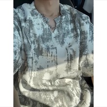 设计感扎染v领短袖T恤男士夏季美式小众宽松ins潮牌冰丝半袖上衣