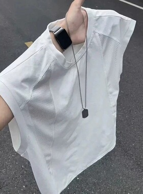 白色网眼透气背心男夏薄款美式冰丝速干运动坎肩健身宽肩无袖t恤