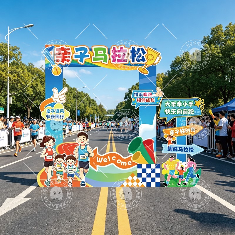 亲子马拉松拍照框团建趣味幼儿园运动会KT板装饰儿童跑道条幅挂布