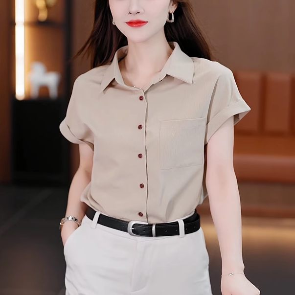 夏季翻领休闲落肩袖显瘦上衣女士单口袋宽松短袖衬衫气质T恤衬衣