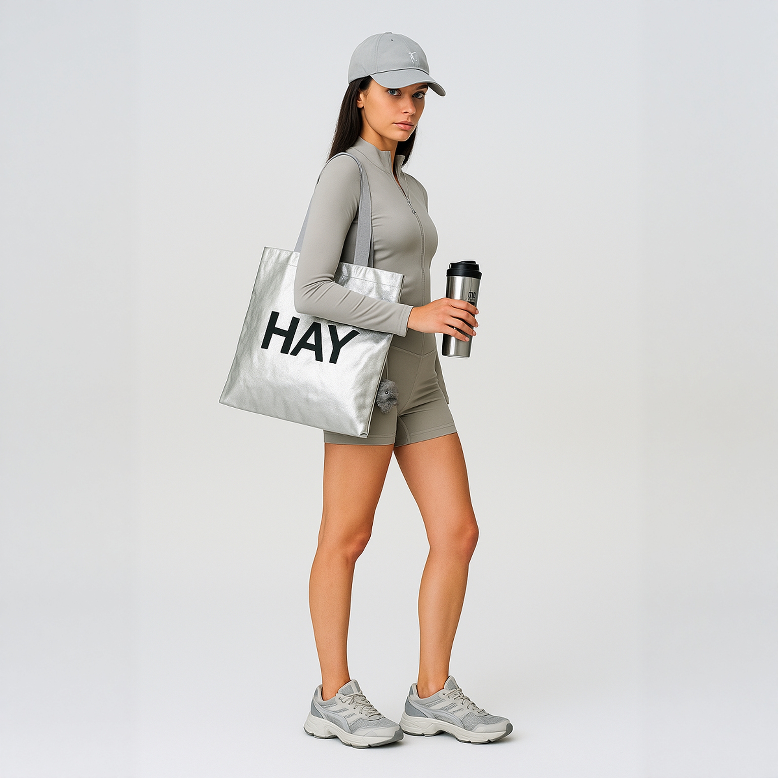 HUE大容量美式风HAY字母银色购物袋帆布包单肩包托特包银色包包