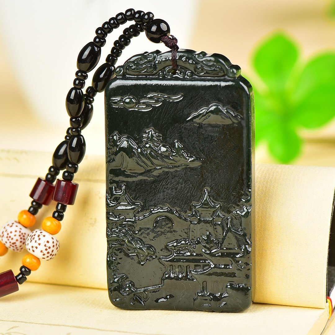 新疆和田玉墨玉山水牌吊坠男女款黑青玉山水挂件玉佩毛衣链配证书,珠宝/钻石/翡翠,颈饰,淘宝优惠券,粉丝福利购,淘宝优惠卷