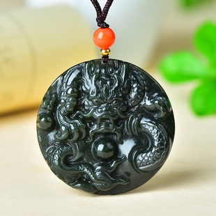 天然和田玉龙头吊坠男士项链黑墨青玉霸气龙牌玉佩平安无事牌挂件