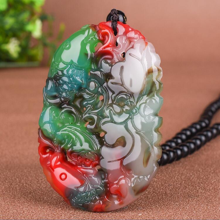 新疆和田玉鱼挂件金丝玉彩玉莲花双面镂空连年有余吊坠毛衣链