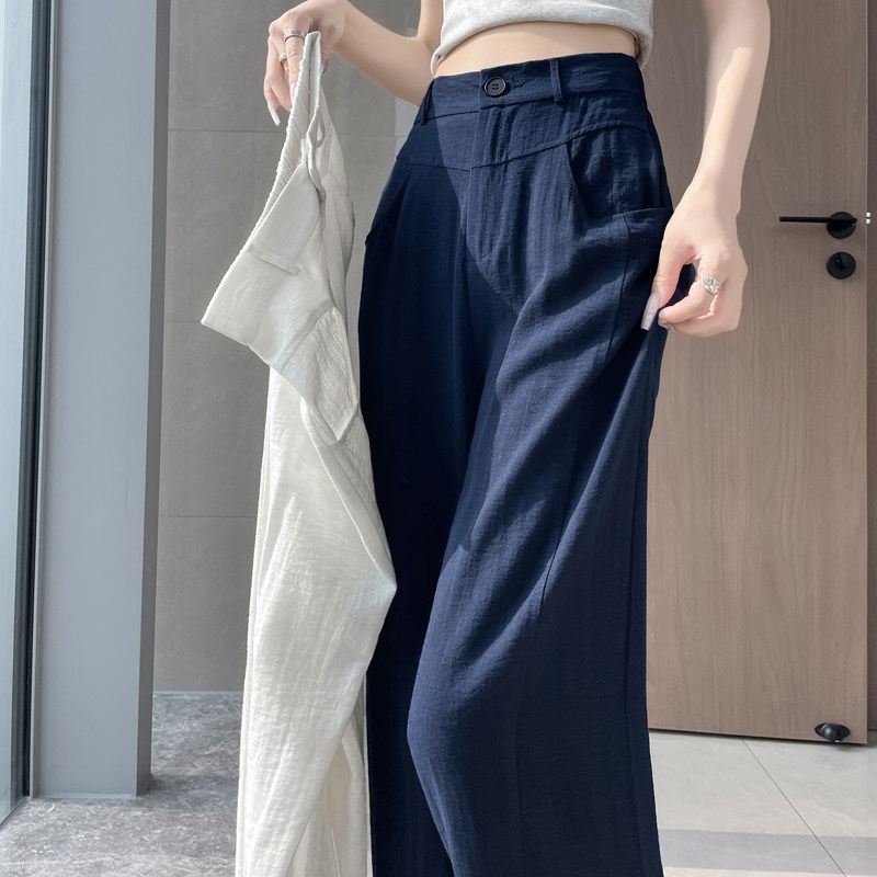 白色天丝亚麻阔腿裤女夏薄款高腰休闲裤
