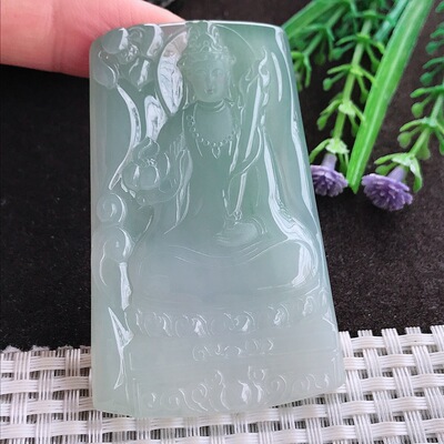 实拍A货翡翠67.5/44/6老坑冰润起胶冰晴虚空藏菩萨吊坠翡翠玉牌