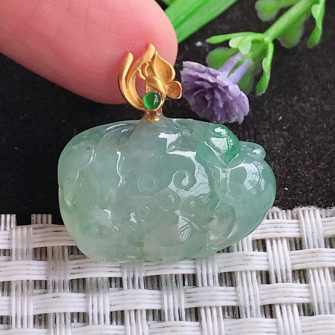 天然A货翡翠16.3/24.3/7.5老坑18k金镶嵌冰胶冰晴莲花吊坠翡翠玉