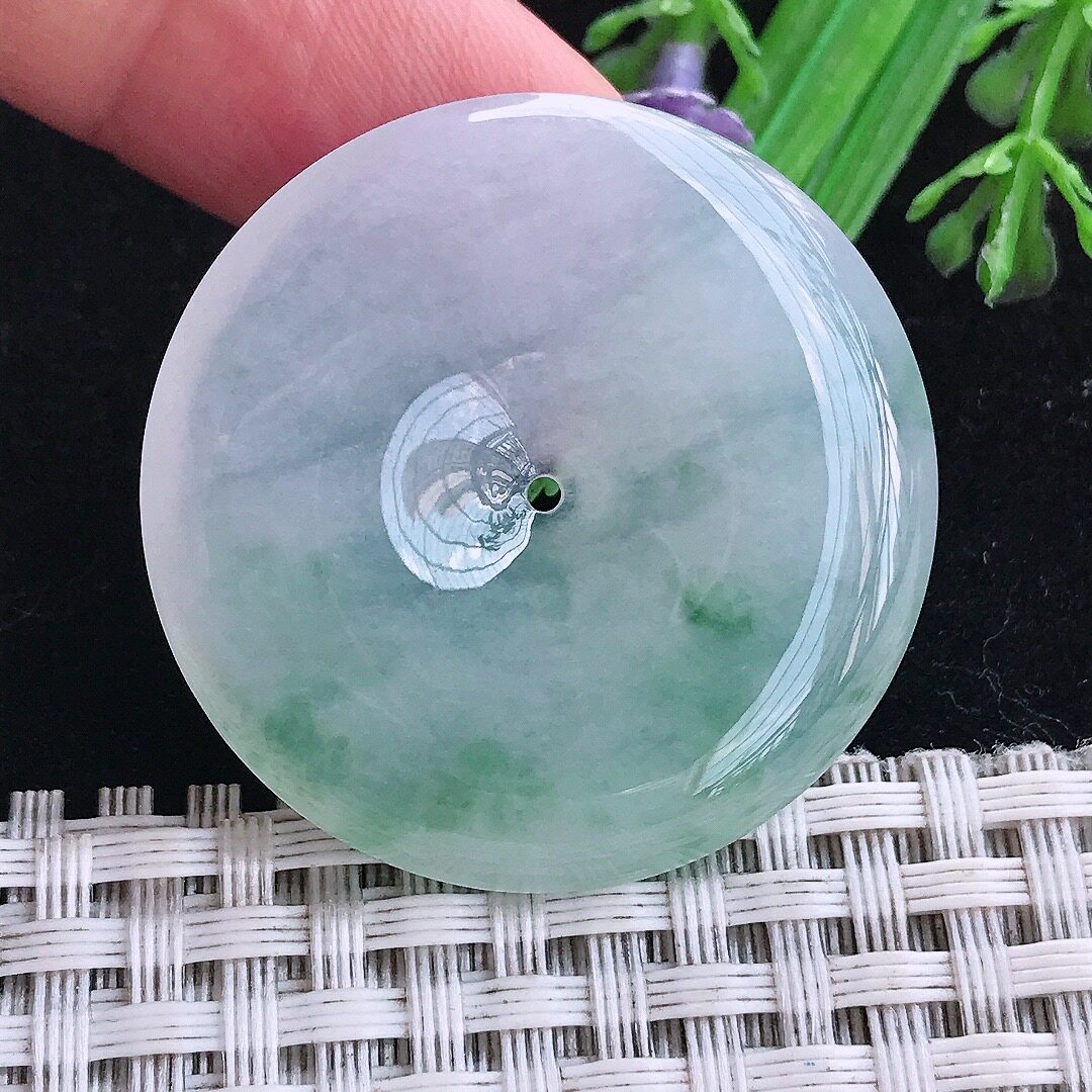 实拍A货翡翠36.3/5.9老坑冰润冰飘花平安扣吊坠翡翠玉扣子挂件