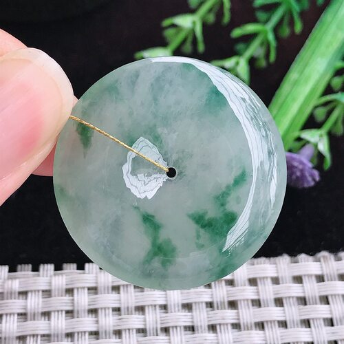 实拍A货翡翠34/6.1老坑冰透果冻胶冰飘花平安扣吊坠翡翠玉扣挂件