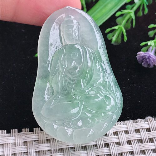实拍A货翡翠50.5/33.3/6老坑冰种晴底阿弥陀佛吊坠翡翠挂件玉牌