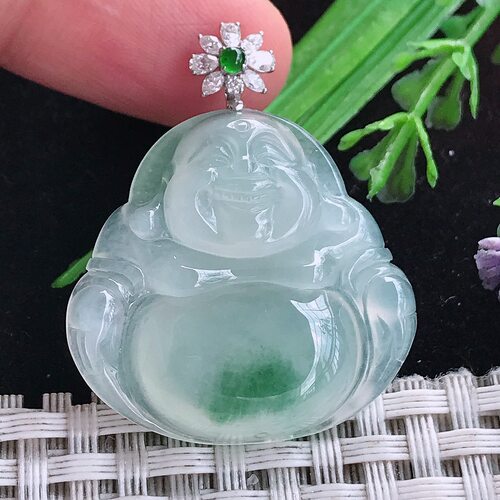 实拍A货翡翠29/30/6老坑18k金镶嵌冰种冰飘花佛公吊坠翡翠玉佛