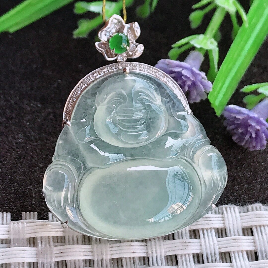 实拍A货翡翠34.2/27.6/9.5老坑18k金镶嵌冰种起胶冰晴佛公吊坠