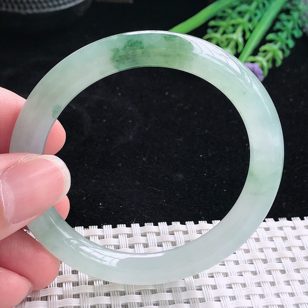 A货翡翠52.8/8.4/8.6老坑冰胶水灵冰飘花圆条手镯翡翠玉镯平安镯