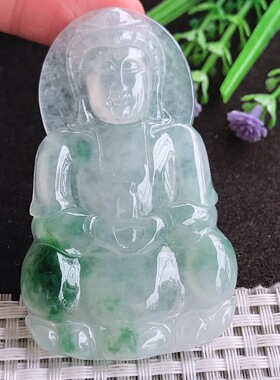 A货翡翠67.3/41/6.1老坑18k金镶嵌冰胶果冻飘花正装观音吊坠翡翠