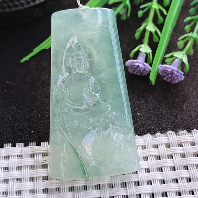 A货翡翠54.6/28.8/5.8老坑冰种果冻胶冰晴文殊菩萨吊坠翡翠挂件