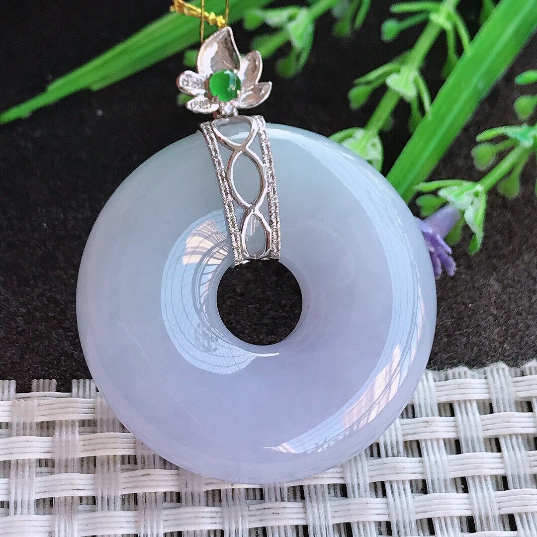 A货翡翠36.1/9.5老坑18k金镶嵌冰胶紫罗兰平安扣吊坠翡翠玉环挂件