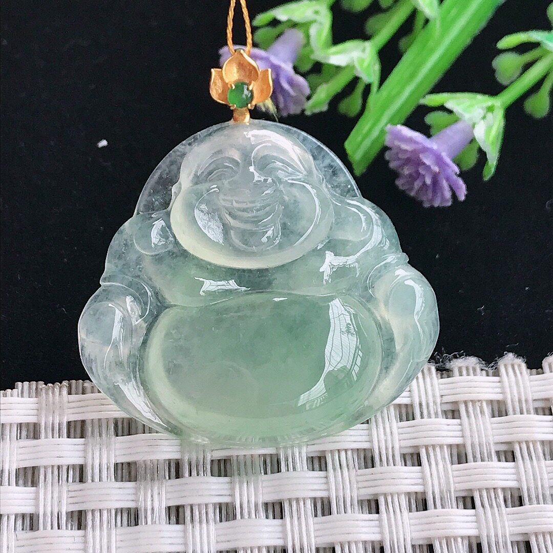 A货翡翠28.8/31.6/5.7老坑18k金镶嵌冰种冰晴绿佛公吊坠翡翠挂件