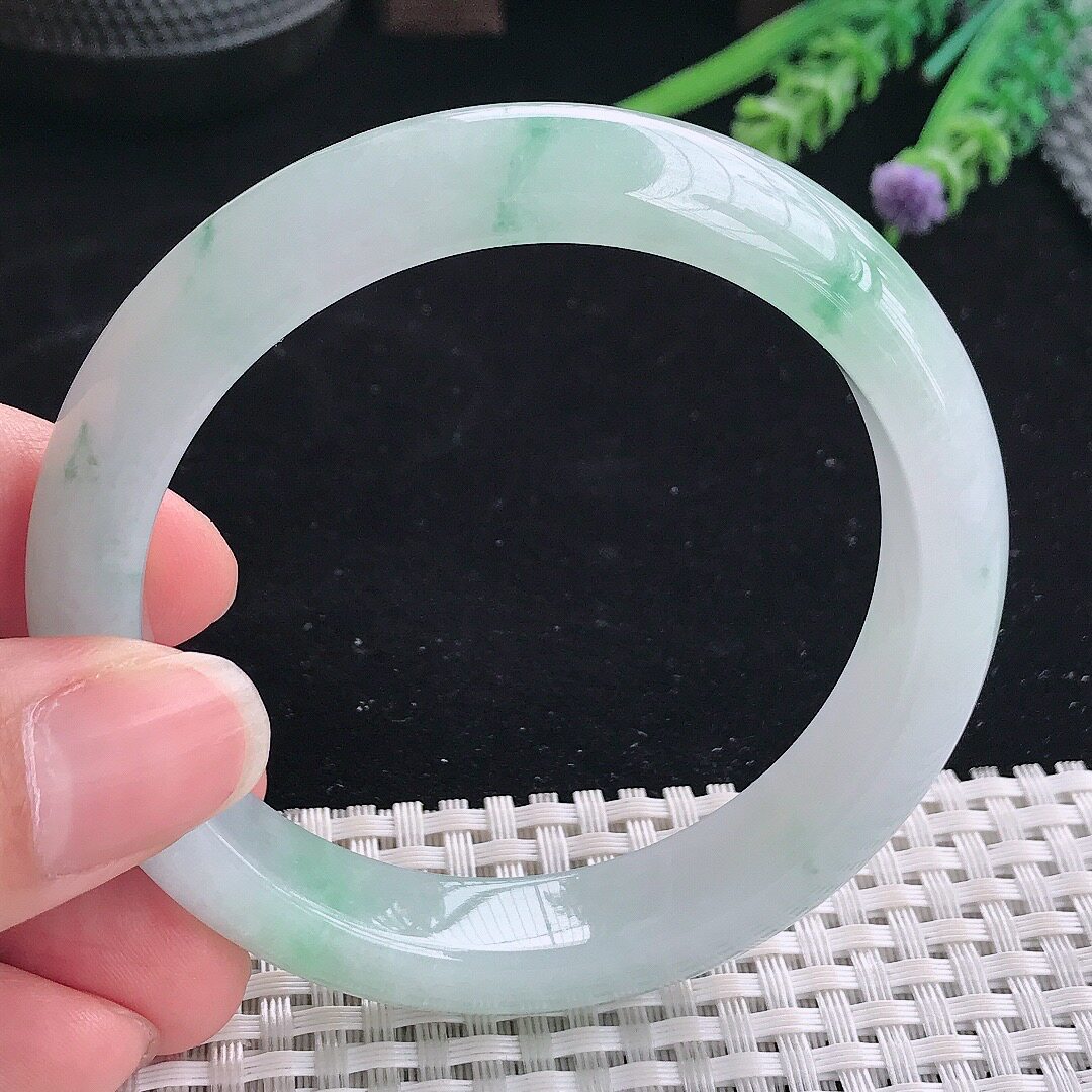 实拍A货翡翠58/13/8.5老坑冰润起胶冰飘花手镯翡翠宽边玉镯平安镯