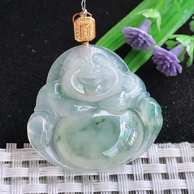 自然光31/33.2/6.5老坑18k金镶嵌冰种飘花佛公挂件翡翠玉吊坠百搭