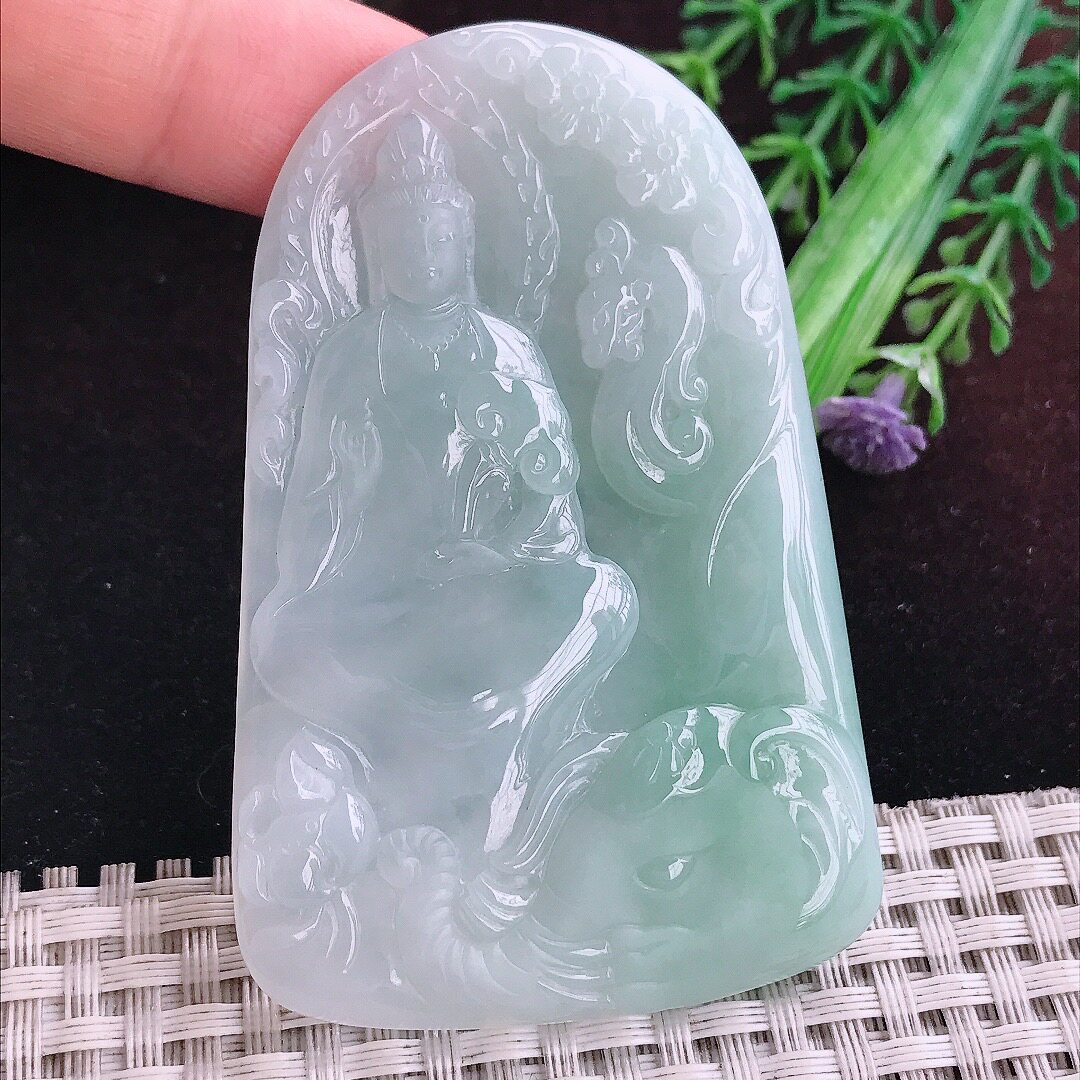 实拍A货翡翠70.6/46/5.6老坑冰润起胶晴底普贤菩萨吊坠翡翠玉观音