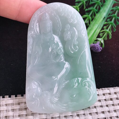 实拍A货翡翠70.6/46/5.6老坑冰润起胶晴底普贤菩萨吊坠翡翠玉观音