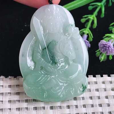 实拍A货翡翠49/35.2/5.6老坑冰润起胶飘花虚空藏菩萨吊坠翡翠玉牌